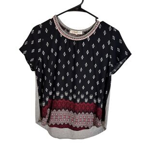 Rewind Womens Small Boho Mixed Media Blouse Black Red Geometric Short Sleeve Top